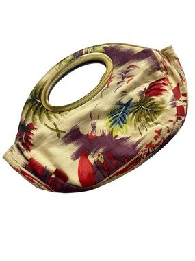 Vintage‎ XOXO Tropical Palm Tree Beaded Print Oval Metal Handle Clutch Crossbody